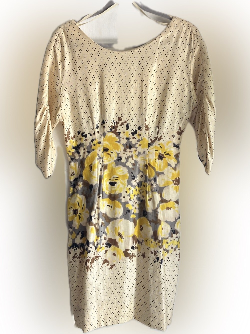 Cream knee length dress with dots and floral print